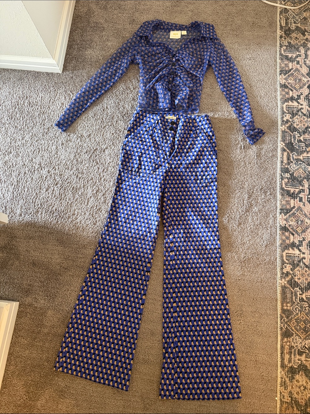 Maeve Blue Geometric Wide-Leg Pants & Tie-Front Top Set